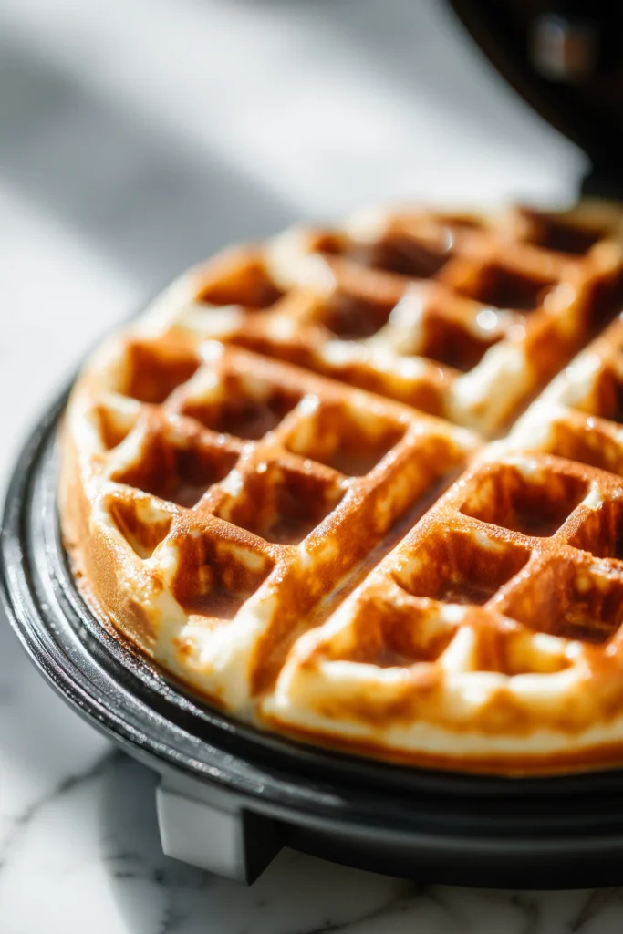 Buttermilk Pumpkin Waffles 3 Buttermilk Pumpkin Waffles in a waffle iron, edges crisping and golden, steam rising in a bright kitchen.