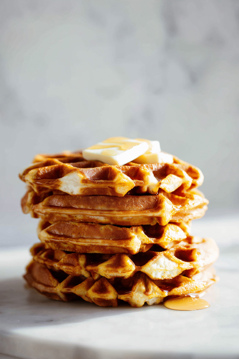 A stack of Buttermilk Pumpkin Waffles with crisp edges and a drizzle of maple syrup on a light marble background.