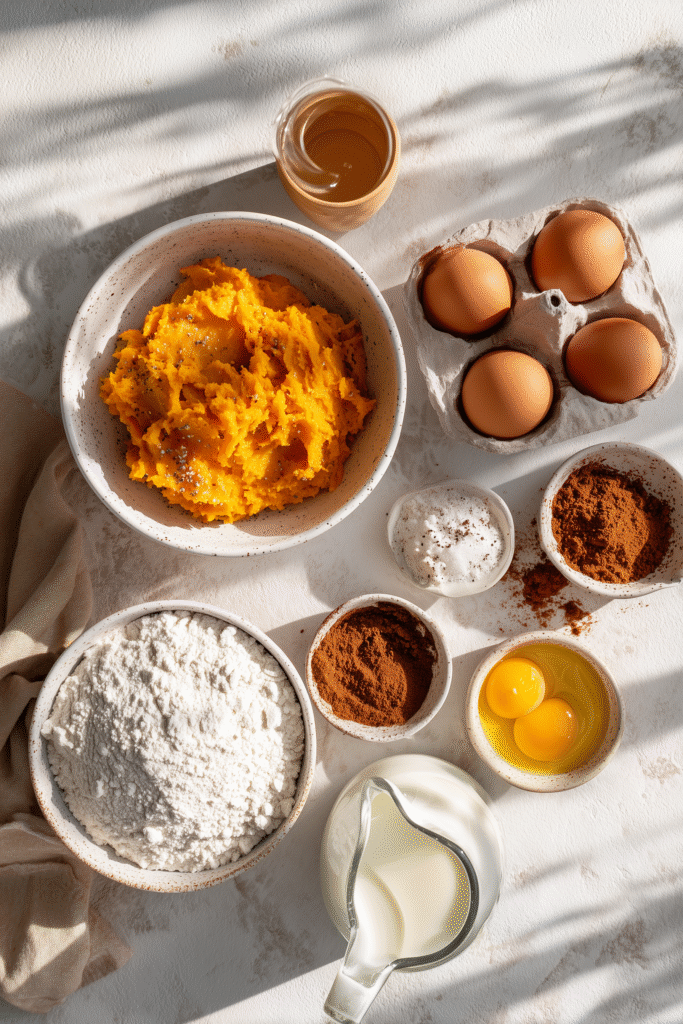 Buttermilk Pumpkin Waffles 2 Key ingredients for Buttermilk Pumpkin Waffles arranged on a marble surface, including pumpkin, buttermilk, and spices.