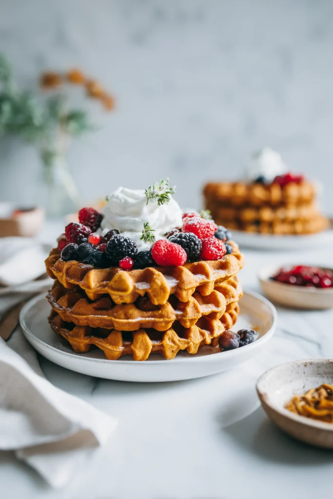 Buttermilk Pumpkin Waffles 4 A plate of Buttermilk Pumpkin Waffles topped with berries and whipped cream, surrounded by fall-inspired toppings on a bright brunch table.