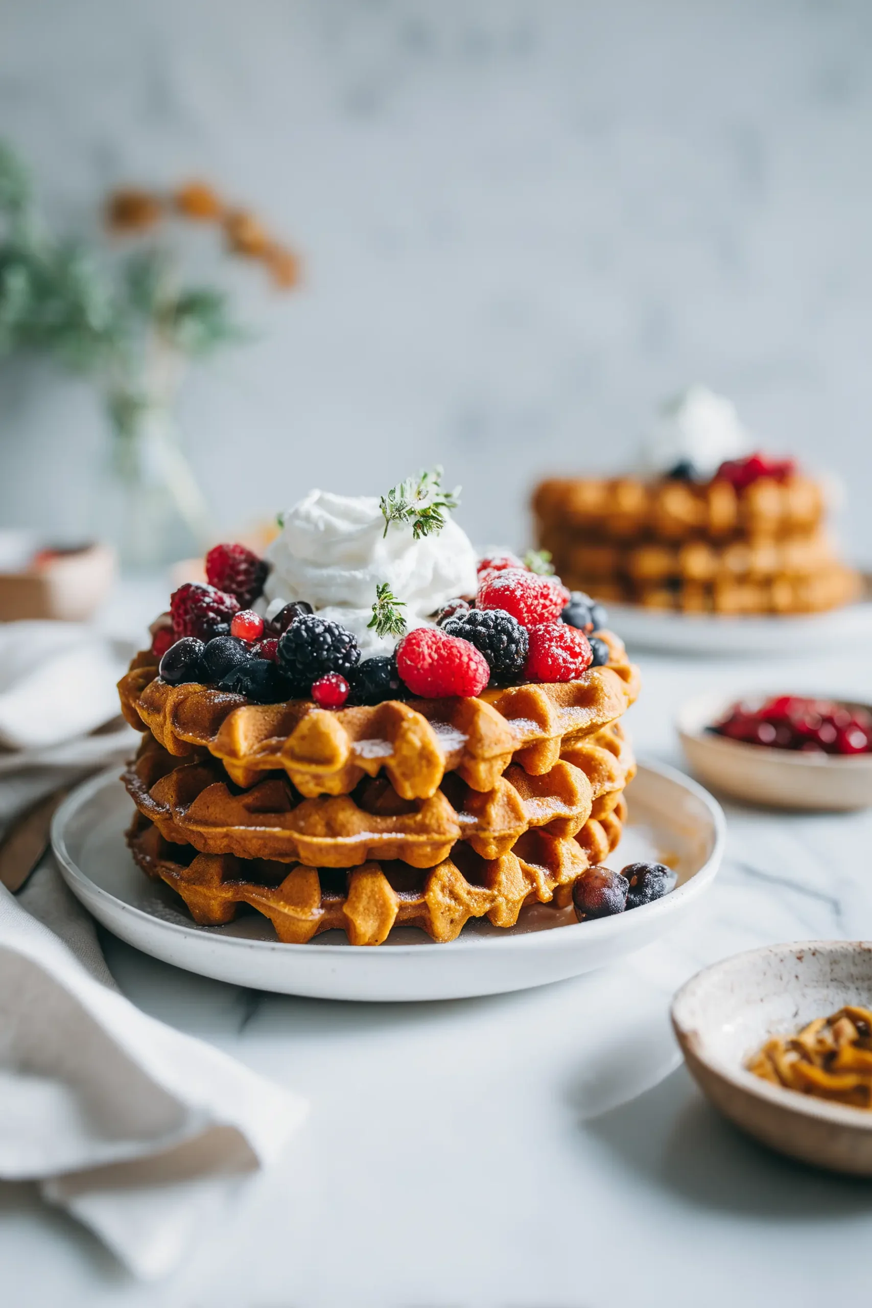 Buttermilk Pumpkin Waffles 5 A plate of Buttermilk Pumpkin Waffles topped with berries and whipped cream, surrounded by fall-inspired toppings on a bright brunch table.