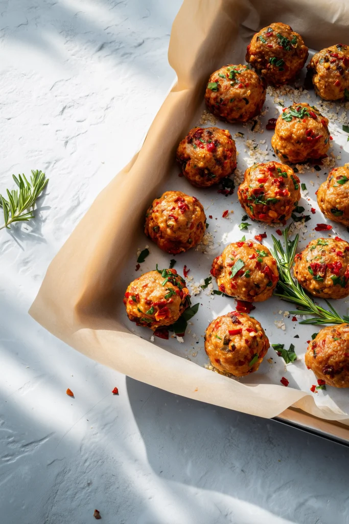 Rolled spicy meatballs with red flecks on a baking sheet, prepped for oven in a cozy kitchen.