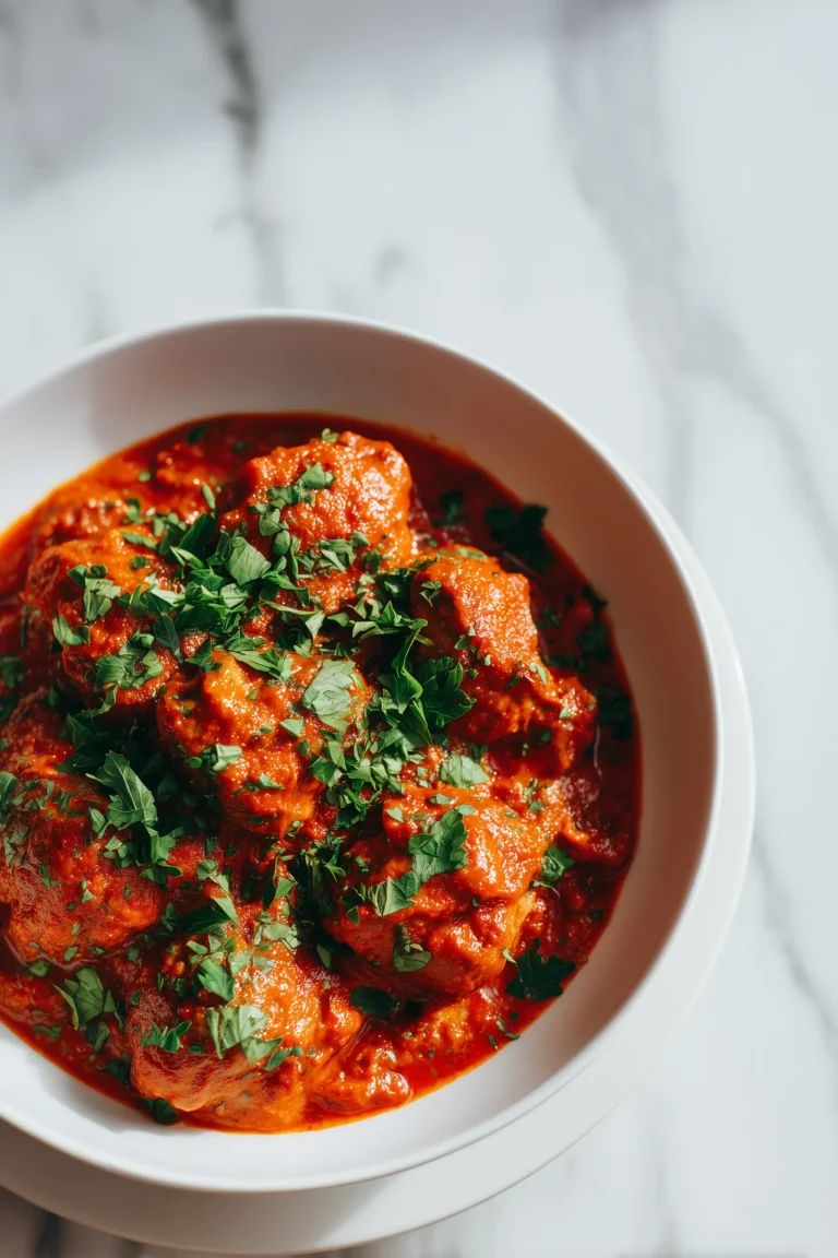 A bowl of Calabrian Spicy Meatballs in rich red pepper sauce with fresh parsley, emphasizing homemade comfort.