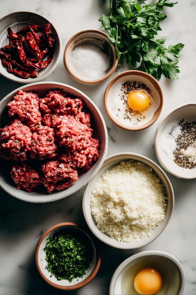 Ingredients for Calabrian Spicy Meatballs, including beef and chilies, arranged on a bright kitchen background.