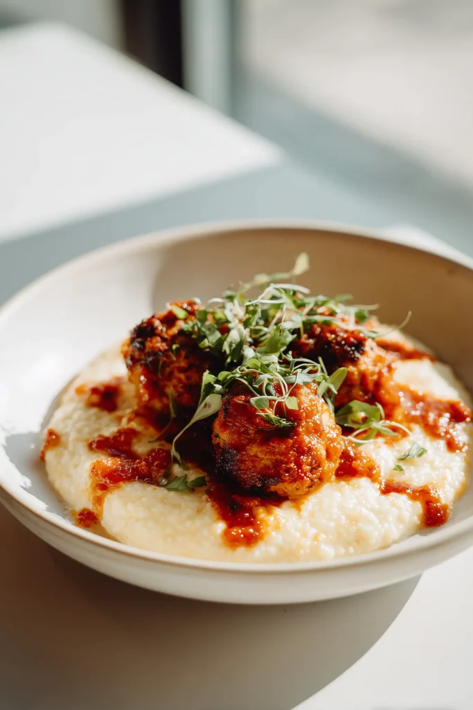 Calabrian Spicy Meatballs on creamy polenta, topped with sauce and herbs, on a clean, inviting plate.