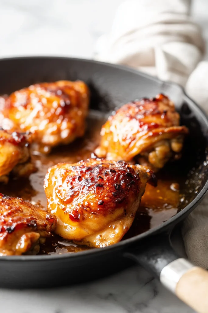 Caramelised Soy Chicken in Garlic Ginger Broth with Rice 3 Chicken thighs caramelizing in a skillet for Caramelised Soy Chicken in Garlic Ginger Broth with Rice.