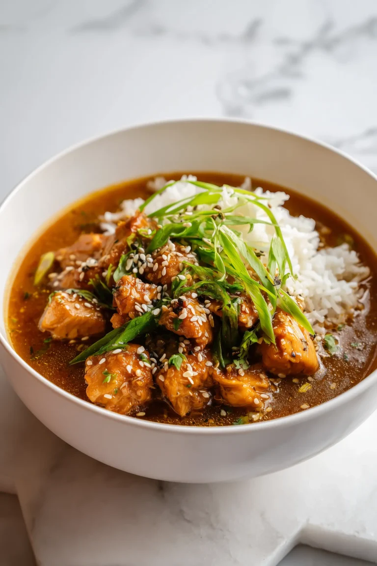 Golden Caramelised Soy Chicken in Garlic Ginger Broth with Rice, garnished with scallions and sesame, served in a white bowl.