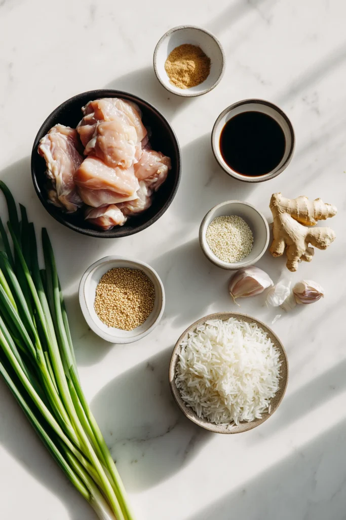 Caramelised Soy Chicken in Garlic Ginger Broth with Rice 2 Fresh ingredients for Caramelised Soy Chicken in Garlic Ginger Broth with Rice laid out on a white marble surface.