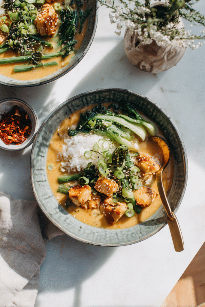 Caramelised Soy Chicken in Garlic Ginger Broth with Rice 4 Served bowl of Caramelised Soy Chicken in Garlic Ginger Broth with Rice with garnishes on a marble table.