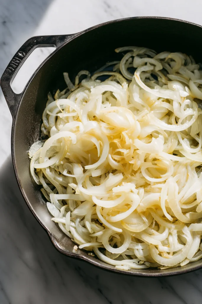 Irresistible French Onion Beef Sloppy Joes 2 Skillet with golden caramelized onions for Irresistible French Onion Beef Sloppy Joes, captured in bright kitchen light.