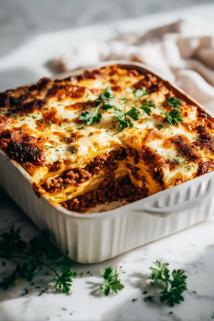 Cheeseburger French Fry Bake in a white baking dish, layered with crispy fries, beef, and melty cheese.