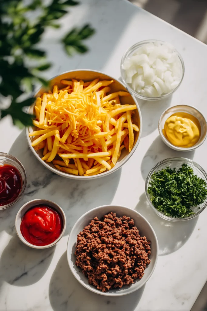 Ingredients for Cheeseburger French Fry Bake laid out on a marble surface.