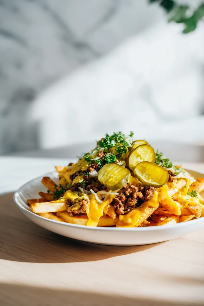 A close-up view of a serving of Cheeseburger French Fry Bake on a white plate with fries, beef, cheese, pickles, and parsley.