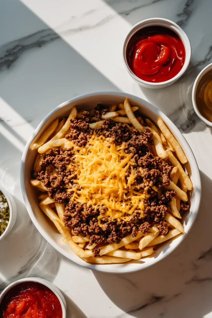 White casserole dish showing fries, ground beef, cheese, and sauce being layered for Cheeseburger French Fry Bake.