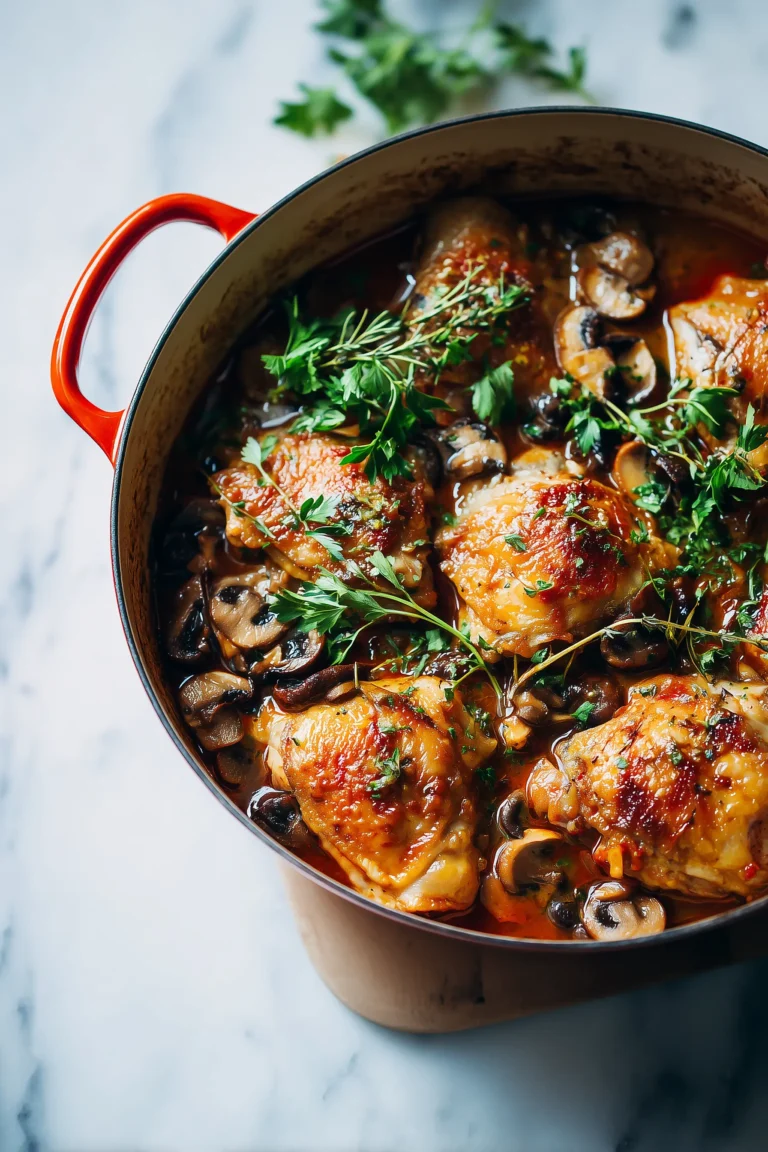 Chicken Chasseur in tomato-wine sauce with mushrooms and herbs in a Dutch oven on a bright marble counter.