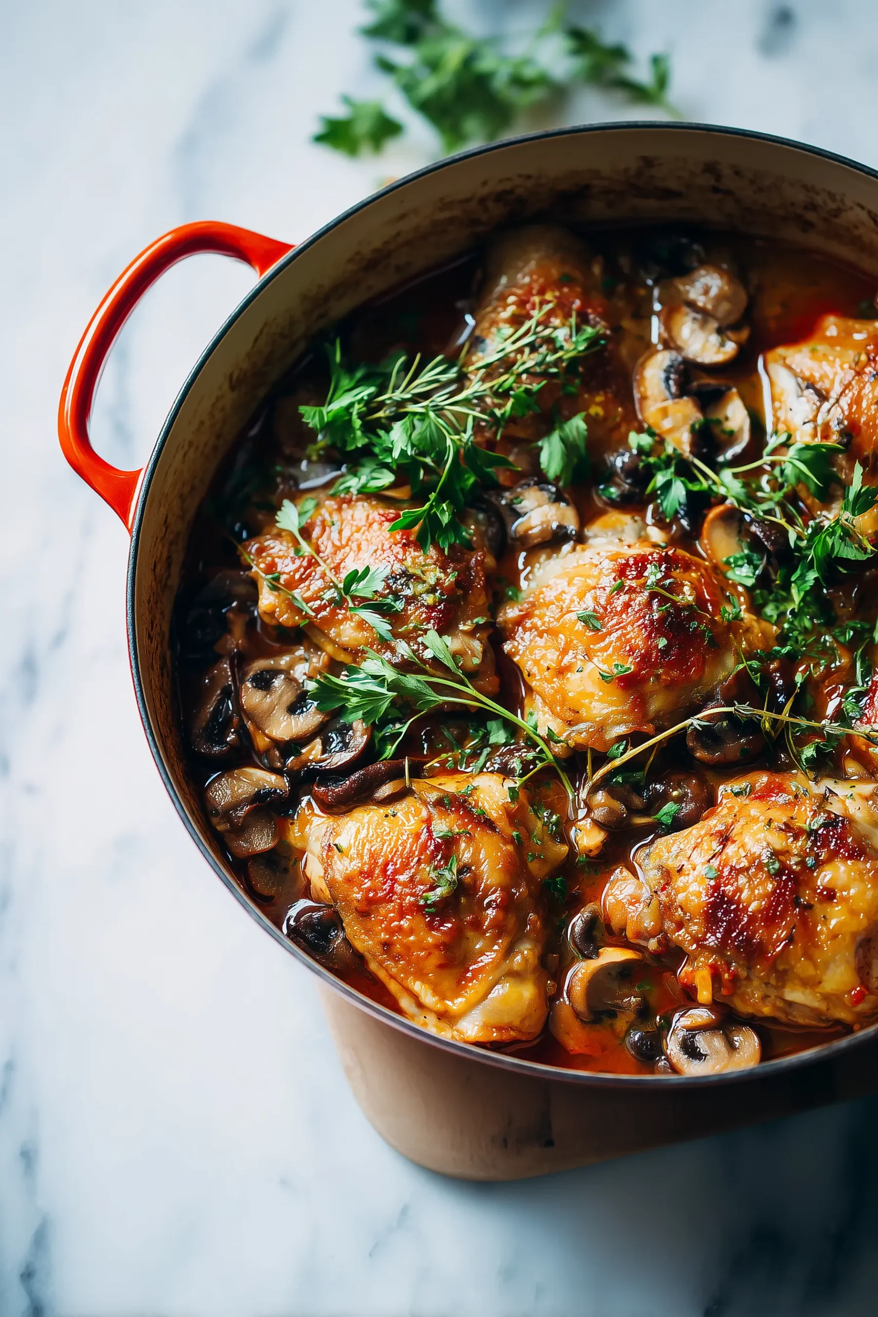 Chicken Chasseur in tomato-wine sauce with mushrooms and herbs in a Dutch oven on a bright marble counter.