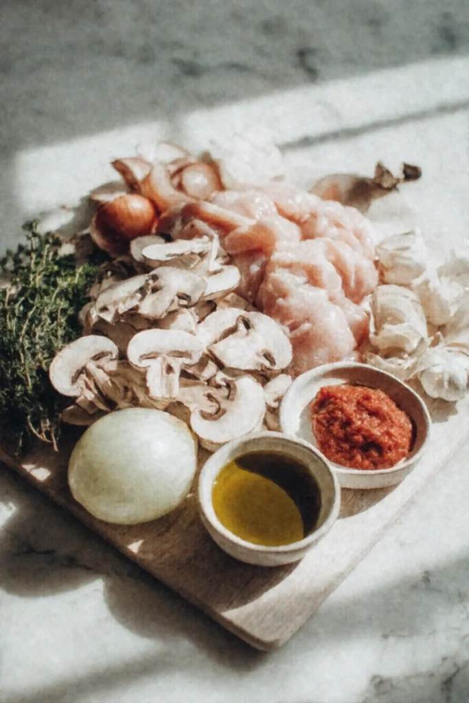 Cozy Chicken Chasseur (French Hunter’s Chicken) 2 Ingredients for Chicken Chasseur including chicken, mushrooms, herbs, wine, and tomato paste displayed on a wooden board.