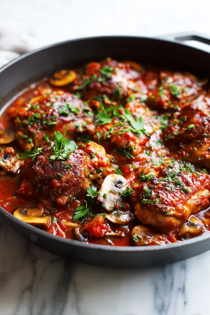 Cozy Chicken Chasseur (French Hunter’s Chicken) 3 Chicken and mushrooms simmering in a tomato-wine sauce in a skillet, topped with herbs.