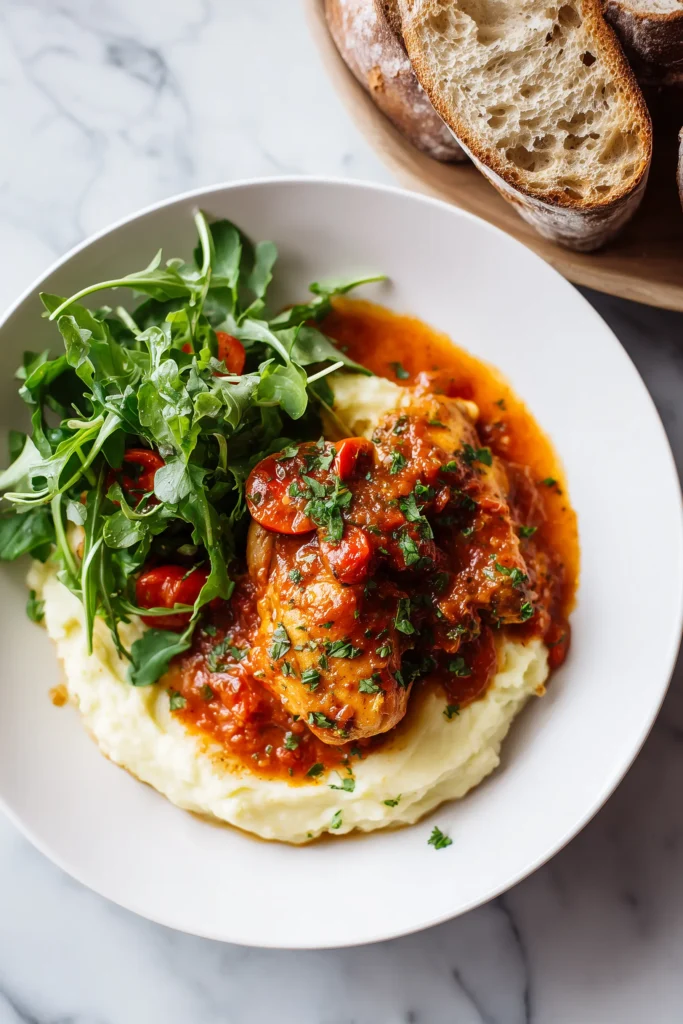 Cozy Chicken Chasseur (French Hunter’s Chicken) 4 Plated Chicken Chasseur with mashed potatoes, bread, and green salad on a white plate.