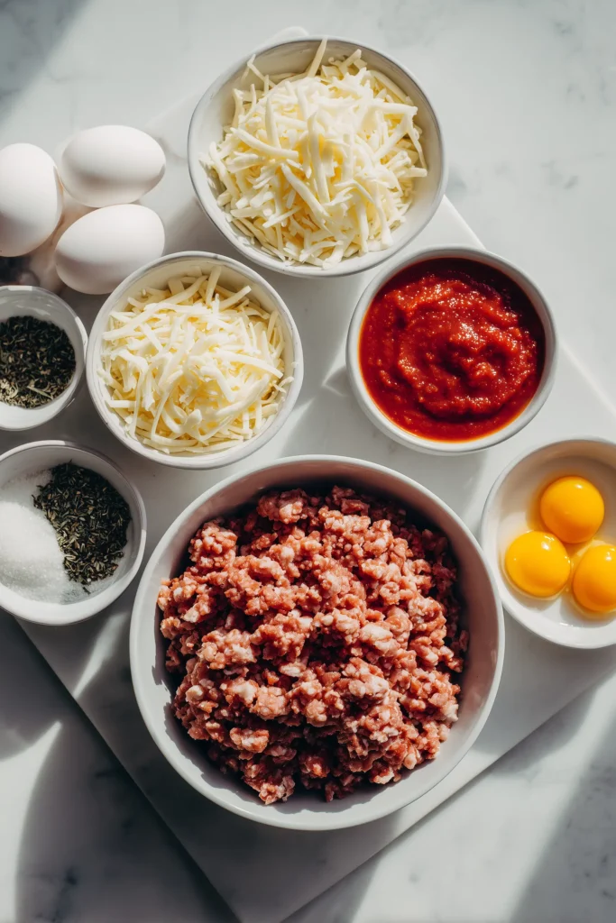 Chicken Crust Pizza 2 Chicken Crust Pizza ingredients on white marble, including ground chicken, cheese, eggs, and sauce.