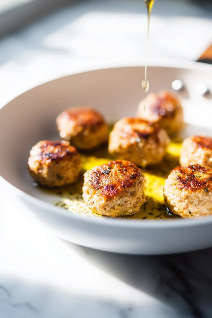 Marry Me Chicken Meatballs 3 Chicken meatballs browning to golden perfection in a white skillet for Marry Me Chicken Meatballs.