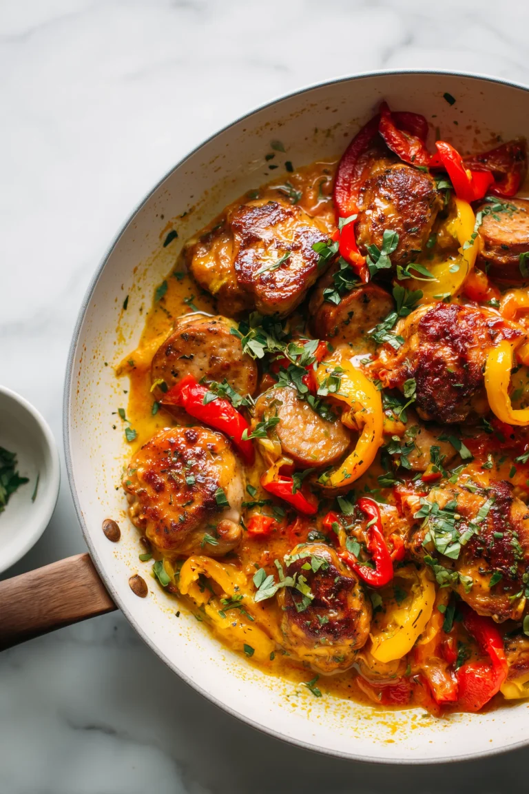 Chicken Scarpariello with golden chicken, sausage, and peppers in a skillet on a marble background.