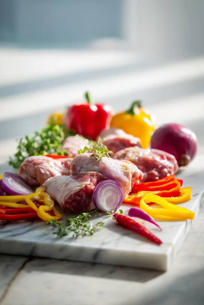 Chicken Scarpariello 2 Ingredients for Chicken Scarpariello including chicken, sausage, peppers, herbs, and aromatics neatly arranged on a marble board.