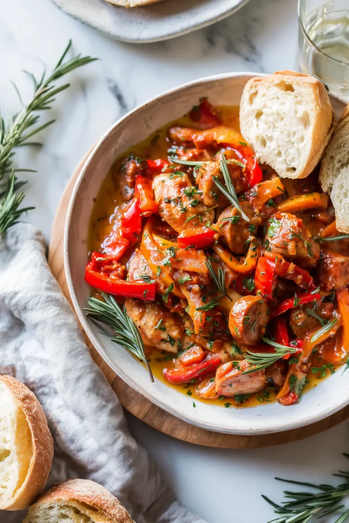 Chicken Scarpariello 3 Platter of Chicken Scarpariello with sausage, peppers, and golden sauce, served with bread on a wooden table.