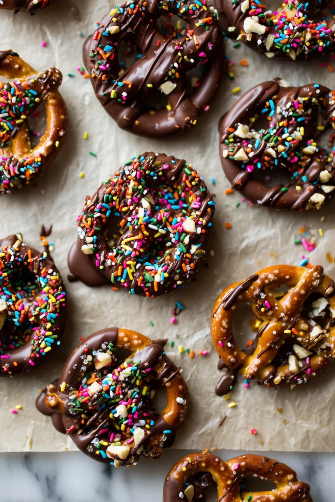Chocolate Covered Pretzels being topped with sprinkles, nuts, and sea salt on parchment.