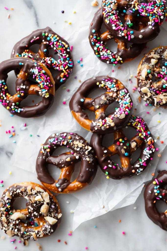 A tray of Chocolate Covered Pretzels on marble with sprinkles, nuts, and salt, showing their glossy chocolate coating.
