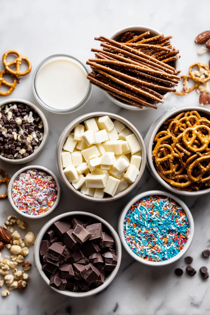Bowls of chocolate, pretzels, sprinkles, and nuts set out for making Chocolate Covered Pretzels.