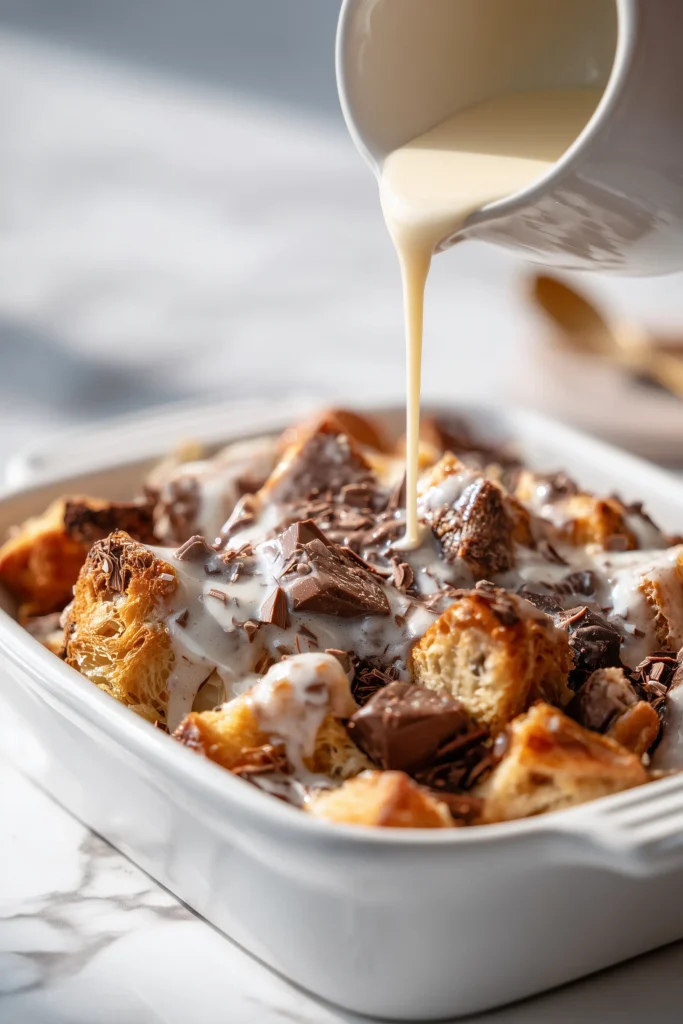 Chocolate Croissant Breakfast Bake 3 Chunks of croissant and chocolate layered in a baking dish as custard is poured for Chocolate Croissant Breakfast Bake.