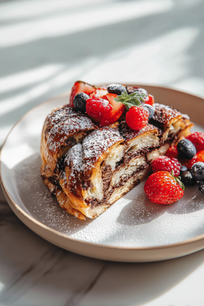 Chocolate Croissant Breakfast Bake 4 Close-up of a single slice of Chocolate Croissant Breakfast Bake with visible layers of croissant, chocolate, and berries on a white plate.
