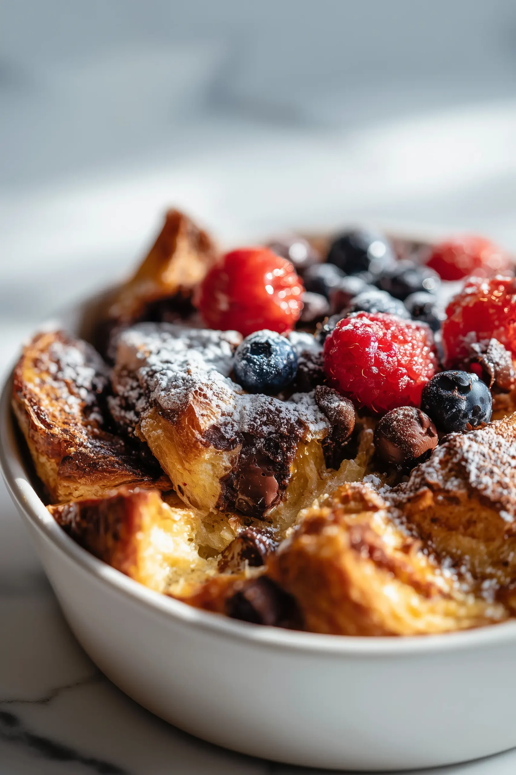 Golden Chocolate Croissant Breakfast Bake in a baking dish with melted chocolate, berries, and powdered sugar on a marble surface.