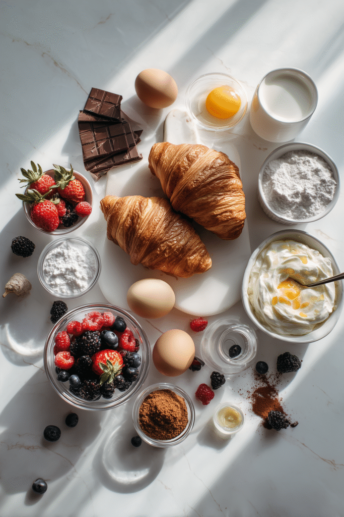 Chocolate Croissant Breakfast Bake 2 Ingredients for Chocolate Croissant Breakfast Bake displayed on a white marble surface with croissants, chocolate, eggs, milk, and berries.