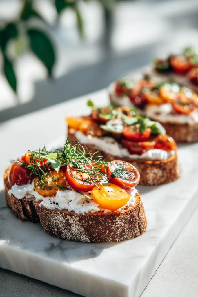 Homemade Ciabatta Bread 4 Slices of Homemade Ciabatta Bread with savory spreads and toppings on bright marble, perfect for appetizers.