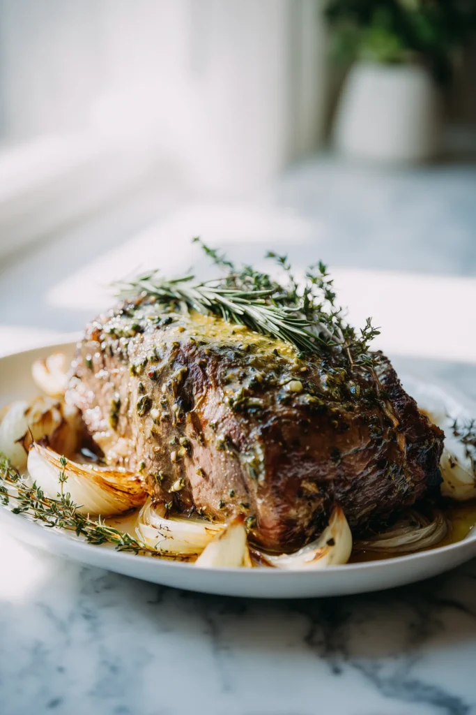 Classic Beef Butter Roast with Herbs sliced on a platter, surrounded by onions and fresh herbs.