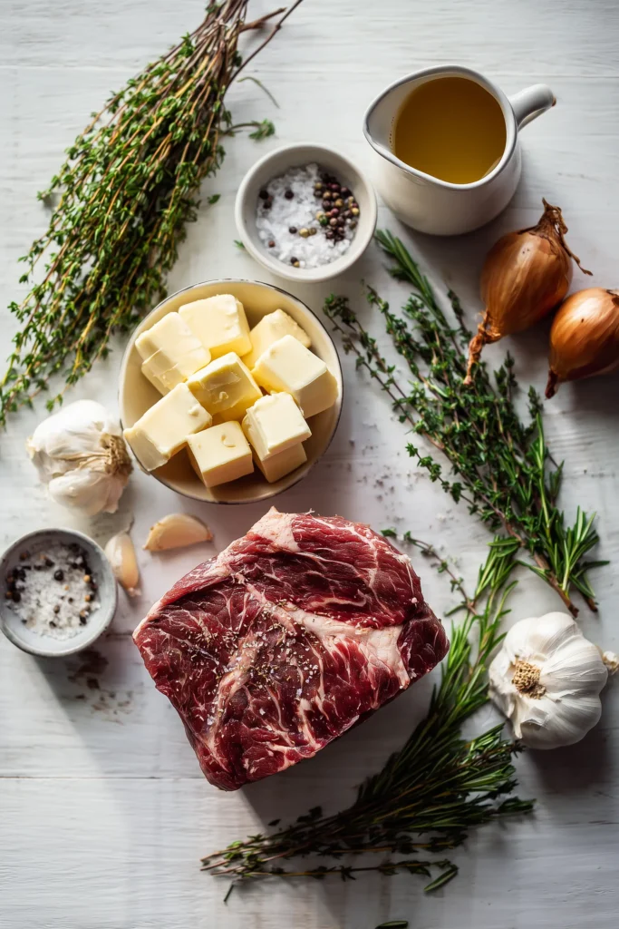 Ingredients for Classic Beef Butter Roast with Herbs displayed on a wooden surface.