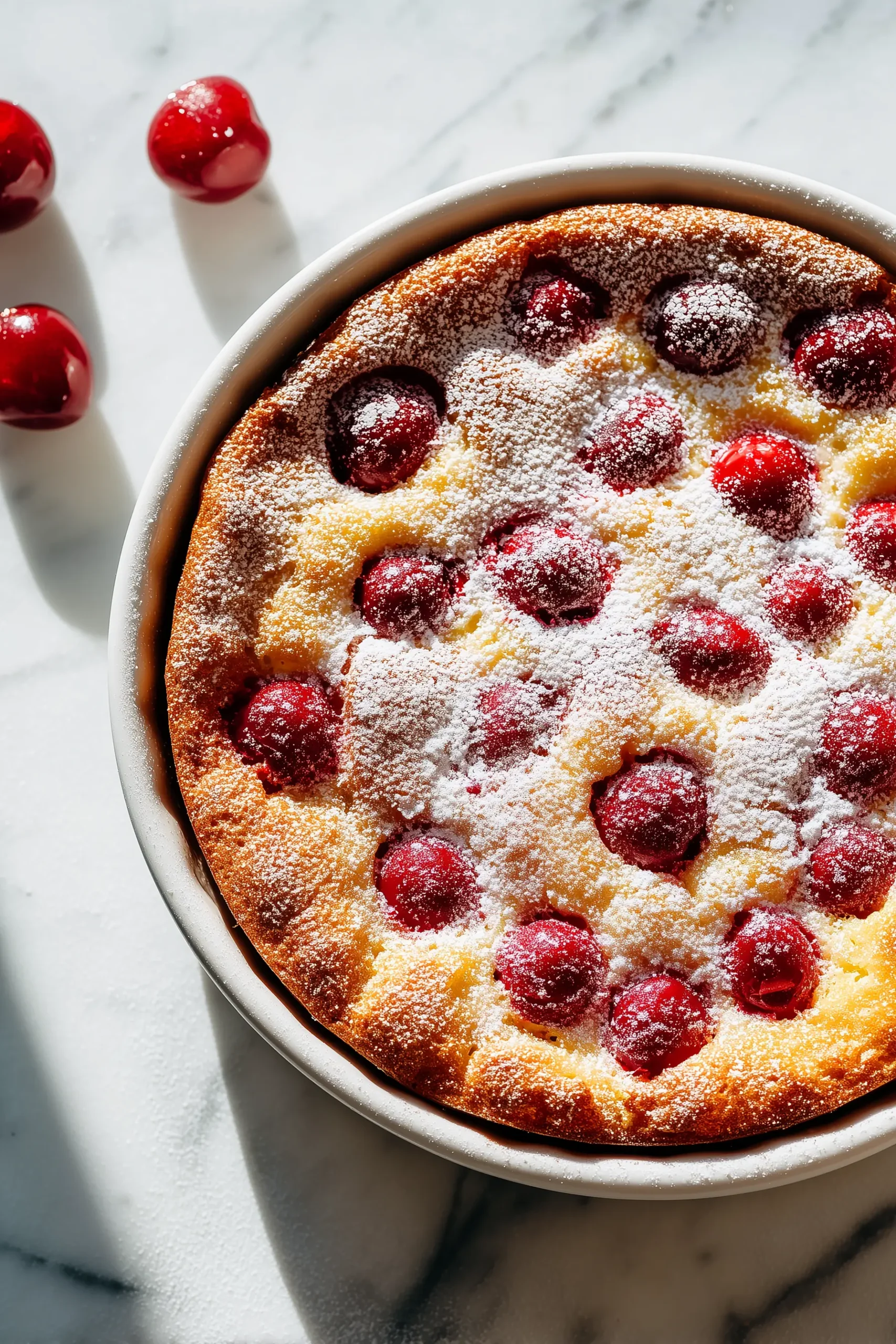 Classic Cherry Clafoutis freshly baked in a round dish, dusted with powdered sugar and dotted with juicy cherries.