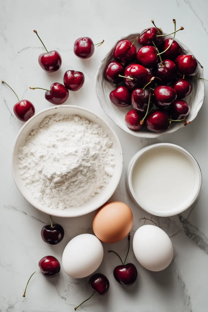 Classic Cherry Clafoutis 2 Classic Cherry Clafoutis ingredients arranged on a bright surface, including cherries, eggs, sugar, milk, flour, and vanilla.