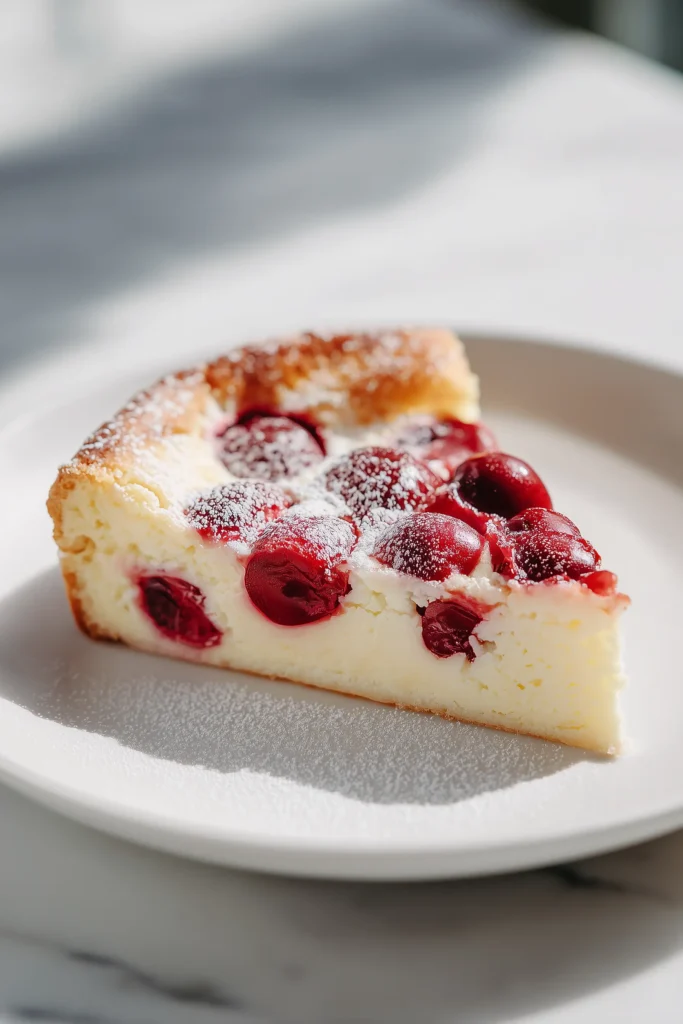 Classic Cherry Clafoutis 3 A close-up view of Classic Cherry Clafoutis slice on a plate, showing the custardy crumb and juicy cherries.