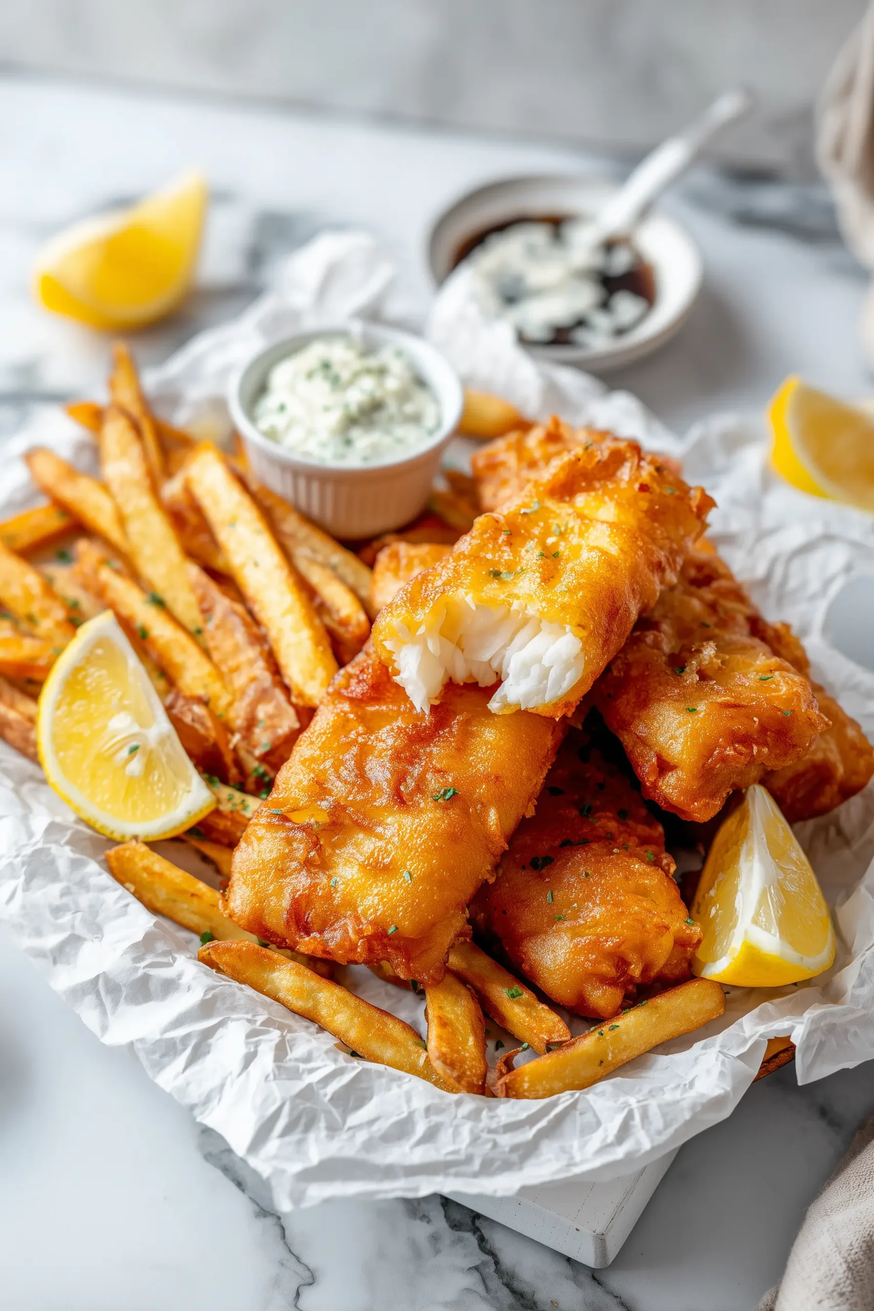 A clean, inviting platter of fish and chips with golden battered fish, thick fries, and lemon wedges on marble, showing the best of fish and chips.