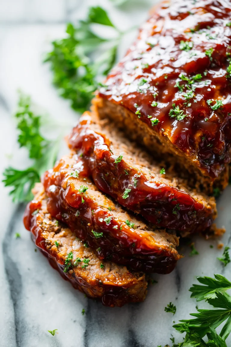 A sliced Classic Meatloaf Recipe on a white platter, showing a juicy interior and a glistening brown ketchup glaze.
