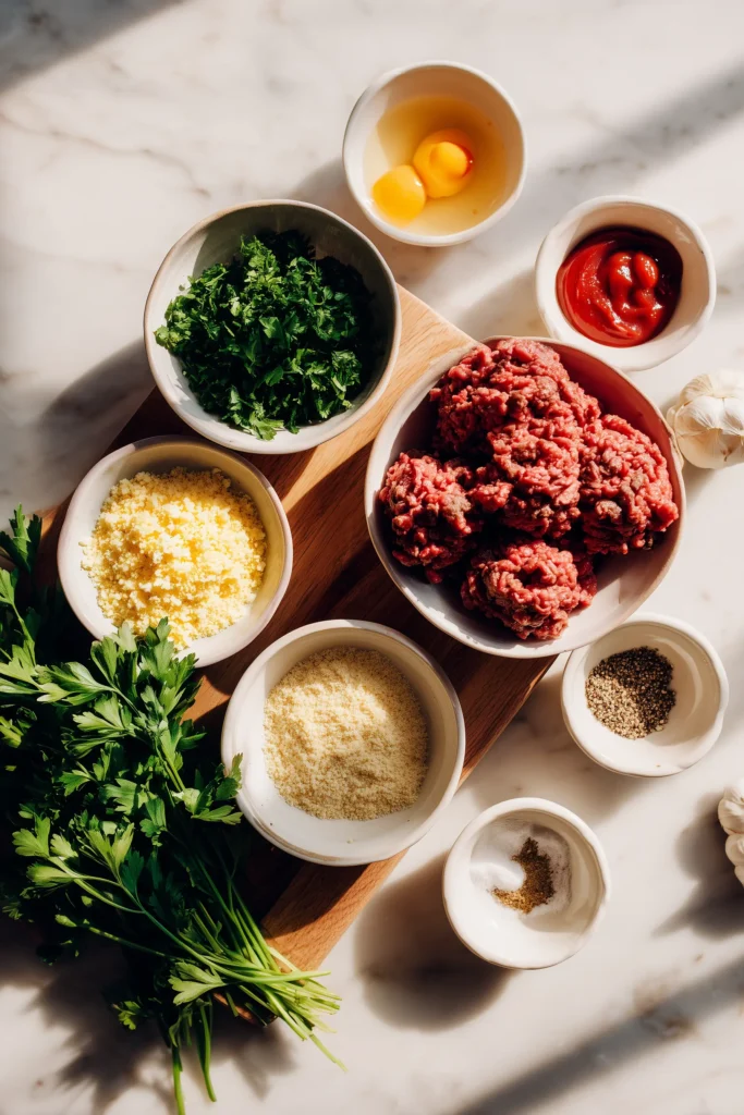Classic Meatloaf Recipe 2 Ingredients for Classic Meatloaf Recipe—including meat, eggs, onions, and seasonings—arranged on a wood board and white bowls.