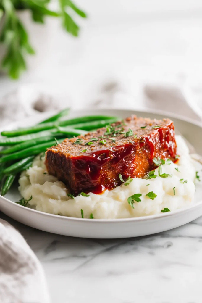 Classic Meatloaf Recipe 4 A slice of Classic Meatloaf Recipe with ketchup glaze served alongside mashed potatoes and green beans.