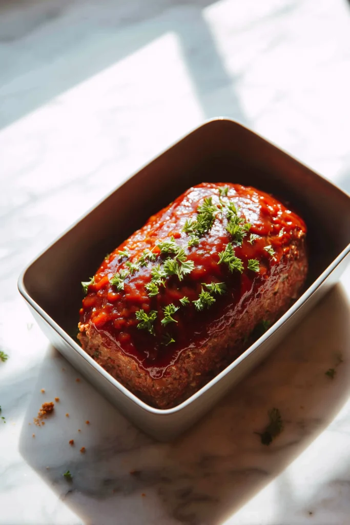 Classic Meatloaf Recipe 3 Classic Meatloaf Recipe in a loaf pan being coated with ketchup glaze, ready to bake.