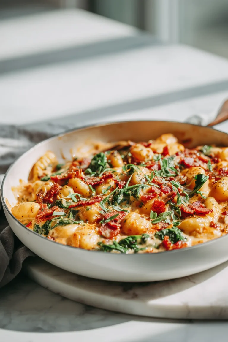 Crack Chicken Gnocchi with Bacon & Spinach in a skillet, with golden bacon and fresh spinach on a marble background.