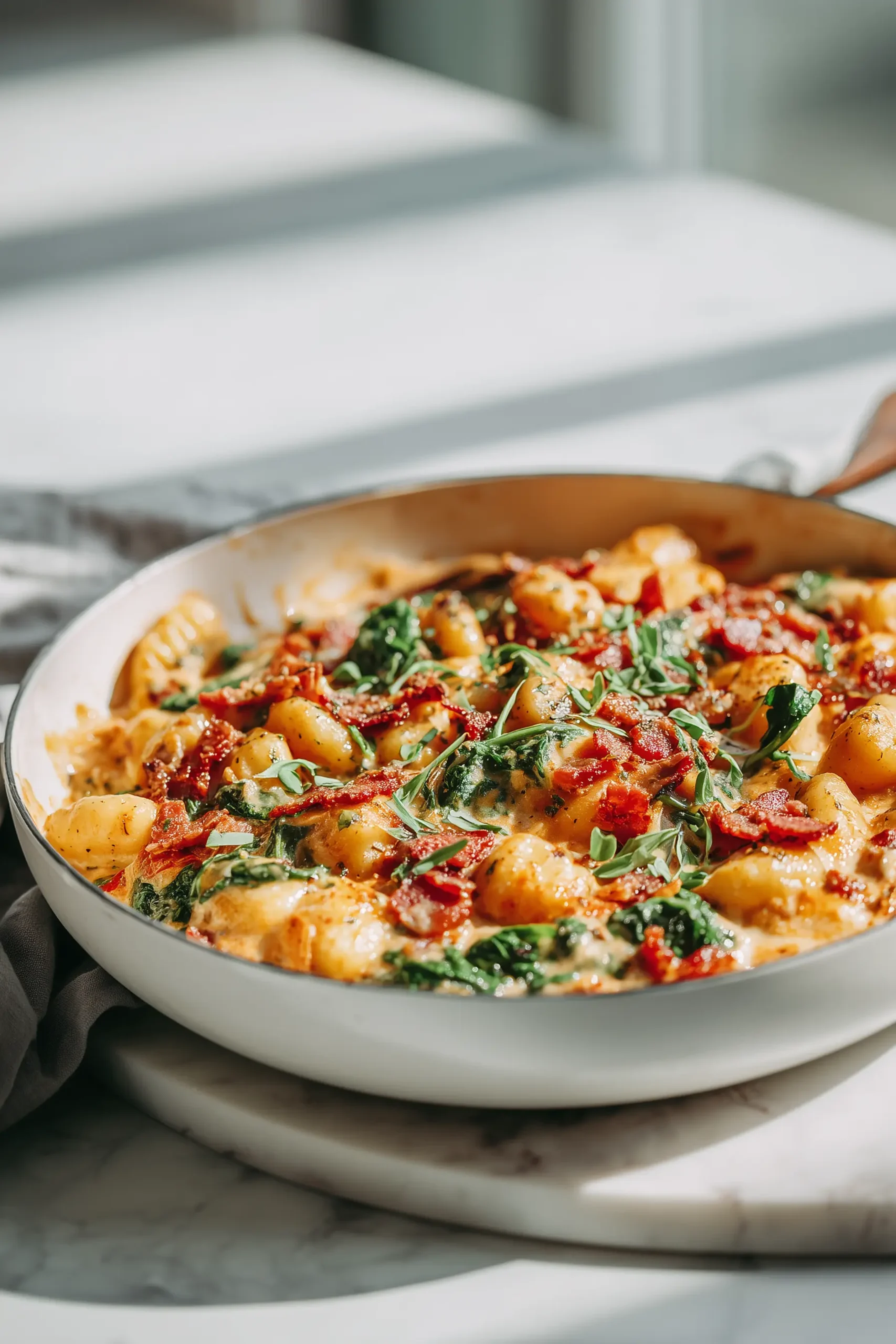 Crack Chicken Gnocchi with Bacon & Spinach in a skillet, with golden bacon and fresh spinach on a marble background.