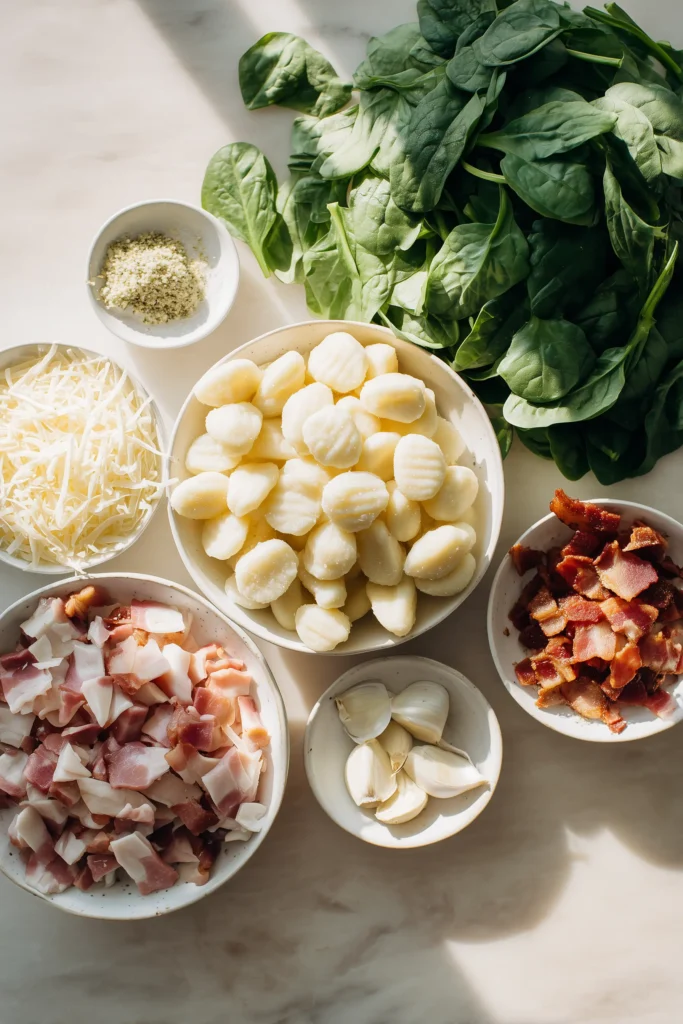 Crack Chicken Gnocchi with Bacon & Spinach 2 An overhead view of Crack Chicken Gnocchi with Bacon & Spinach ingredients on a bright surface.