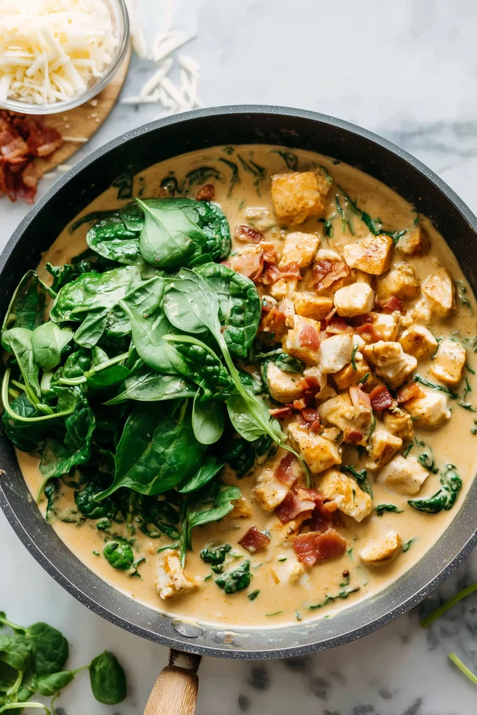 Crack Chicken Gnocchi with Bacon & Spinach 3 Spinach wilting in a skillet with creamy sauce and chicken for Crack Chicken Gnocchi with Bacon & Spinach.